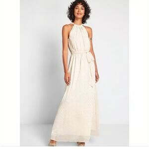 ModCloth Maxi Dress Illuminated Elegance Ivory Halter Party Metallic Large NWT